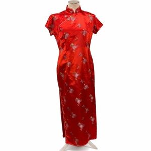 Vintage Red Chinese Cheongsam Qipao Dress Satin Brocade Hong Kong Size 40 M/L